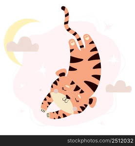 Cute sleeping tiger against the background of the sky, moon and clouds. Vector illustration. Childrens collection in the Scandinavian style for design, decor, cards and decoration, Prints and posters