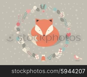 Cute sleepy Christmas fox surrounded with floral decoration, vector illustration