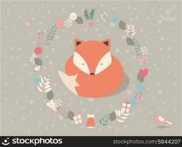Cute sleepy Christmas fox surrounded with floral decoration, vector illustration