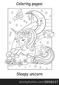 Cute sleepy unicorn lying on cloud. Coloring book page for children. Vector cartoon illustration isolated on white background. For coloring book, preschool education, print, game, decor.. Cute sleepy unicorn lying on cloud coloring vector