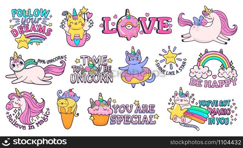Cute slogan patches. Time to be unicorn, shine like star and follow your dreams signs with happy cat, sweet candies and magic pony. Motivation slogan vector sticker isolated illustration signs set. Cute slogan patches. Time to be unicorn, shine like star and follow your dreams signs with happy cat, sweet candies and magic pony vector sticker illustration set