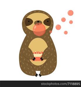 Cute sloth chewing a buble gum. Animal design. Suitable for prints, greeting cards. Cute sloth chewing a bubble gum. Animal design