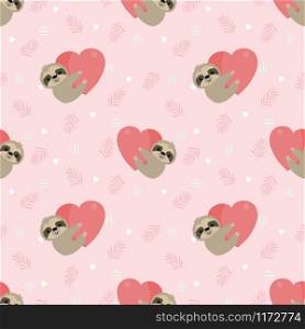 Cute sloth hold a heart on pink leaves seamless pattern. Cute animal in Valentine concept.