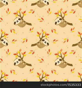 Cute sloth in autumn leaves seamless pattern