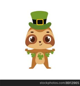 Cute sloth in green leprechaun hat with clover. Irish holiday folklore theme. Cartoon design for cards, decor, shirt, invitation. Vector stock illustration.