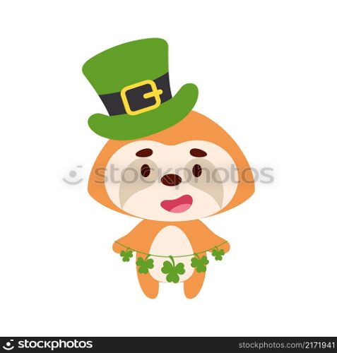 Cute sloth in St. Patrick&rsquo;s Day leprechaun hat holds shamrocks. Irish holiday folklore theme. Cartoon design for cards, decor, shirt, invitation. Vector stock illustration.