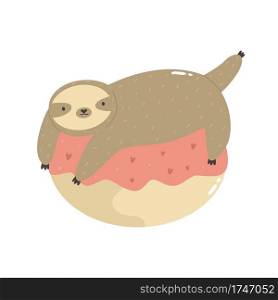 Cute sloth lying on a donut. Vector illustration of a funny animal.. Cute sloth lying on a donut. Vector illustration of a funny animal