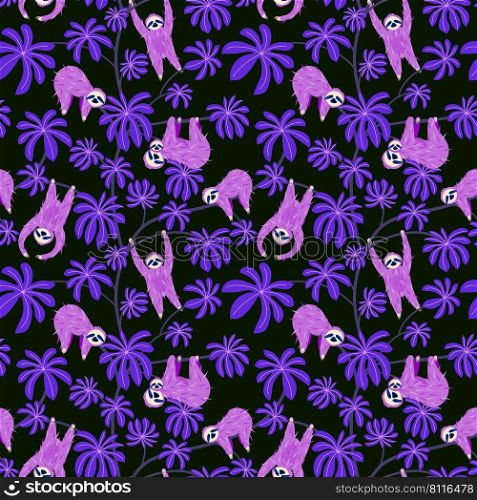 Cute sloth on floral tree leaves pattern design. Seamless background funny lazy animal