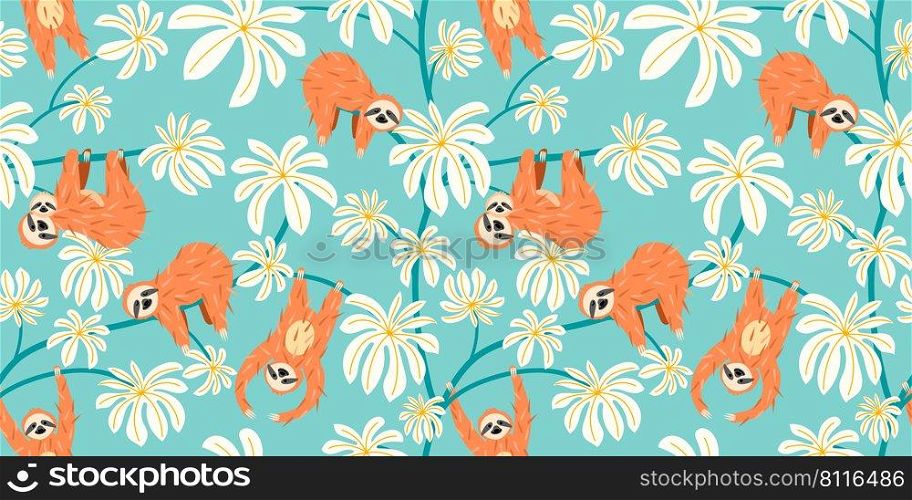Cute sloth on floral tree pattern design. Seamless background funny lazy animal