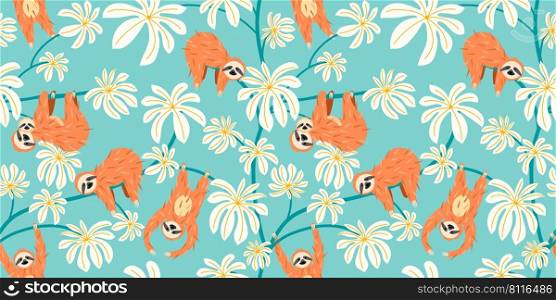 Cute sloth on floral tree pattern design. Seamless background funny lazy animal