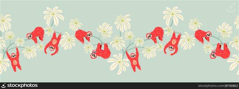 Cute sloth on floral tree pattern design. Seamless border background funny lazy animal