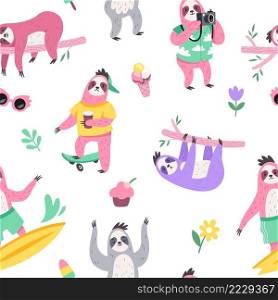 Cute sloth seamless pattern. Cartoon animals characters, different activities, poses and sweets, lazy slow creatures isolated on white background. Decor textile, wrapping paper wallpaper, vector print. Cute sloth seamless pattern. Cartoon animals characters, different activities, poses and sweets, lazy slow creatures isolated on white background. Decor textile, wallpaper, vector print