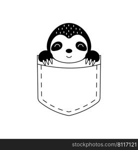 Cute sloth sitting in pocket. Animal face in Scandinavian style for kids t-shirts, wear, nursery decoration, greeting cards, invitations, poster, house interior. Vector stock illustration