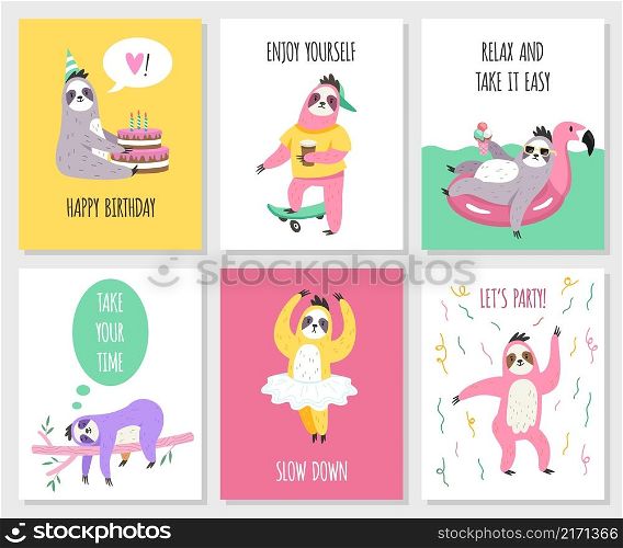 Cute sloths cards. Funny animals in different activities with text, birthday party invitations and greeting. Characters hobby and relax, tropical fauna, vector cartoon flat style isolated posters set. Cute sloths cards. Funny animals in different activities with text, birthday party invitations and greeting. Characters hobby and relax, tropical fauna, vector cartoon isolated posters set
