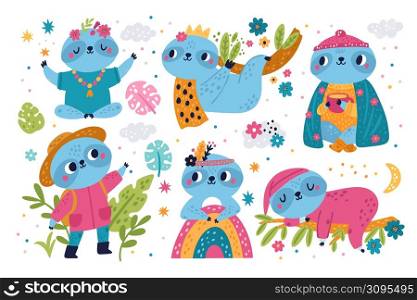 Cute sloths characters. Funny lazy animals. Tropical plants flowers and leaves. Rainforest wildlife. Different poses. Meditation and sleep. Blue creature hanging or lying on branch. Vector mammals set. Cute sloths characters. Lazy animals. Tropical plants flowers and leaves. Rainforest wildlife. Different poses. Meditation and sleep. Creature hanging or lying on branch. Vector mammals set