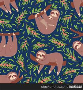 Cute sloths on branch seamless pattern for nursery wallpaper. Baby sloth animal with mother. Funny lazy animals textile print vector texture. Lovely characters in various positions. Cute sloths on branch seamless pattern for nursery wallpaper. Baby sloth animal with mother. Funny lazy animals textile print vector texture