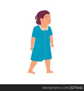 Cute small doodle girl. Cartoon standing baby in blue dress. Isolated barefoot walking kid. Happy character playing in kindergarten. Smiling preschool child. Human age development. Vector illustration. Cute small doodle girl. Cartoon baby in blue dress. Barefoot walking kid. Happy character playing in kindergarten. Smiling preschool child. Human age development. Vector illustration