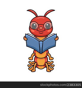 Cute smart centipede cartoon reading a book 