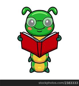 Cute smart little caterpillar cartoon reading a book 