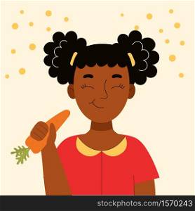 Cute smiling african girl eating carrot. School snack, healthy food, vegetable diet, vitamins for children. Flat vector cartoon stock illustration