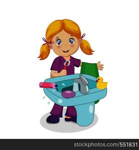 Cute Smiling Baby Girl Character with Blonde Hair Brushing Teeth at Sink in Bathroom Isolated on White Background. Toothbrush and Towel in Hand. Children Hygiene. Cartoon Vector Illustration, Clip Art. Blonde Baby Girl Character Brushing Teeth in Bath