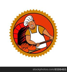 Cute smiling Baker pulls out of the oven freshly baked bread. Vector illustration of emblem of a bakery.