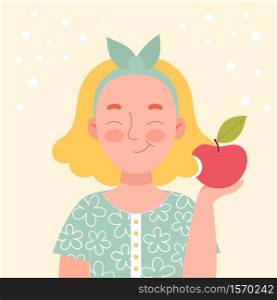 Cute smiling blonde girl eating an apple. School snack, healthy food, fruit diet, vitamins for children. Flat vector cartoon stock illustration