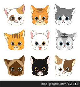 Cute Smiling Cat Head Collection Set, Vector Illustration