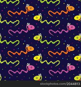 Cute smiling colorful cartoon snakes seamless pattern on blue background. Vector illustration.