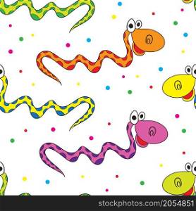 Cute smiling colorful cartoon snakes seamless pattern on white background. Vector illustration.