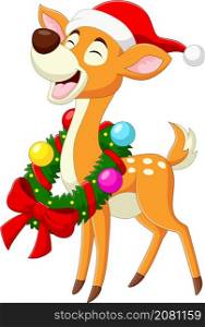 Cute smiling deer cartoon with christmas wreath