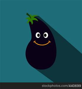 Cute smiling eggplant icon. Flat illustration of cute smiling eggplant vector icon for web on baby blue background. Cute smiling eggplant icon, flat style