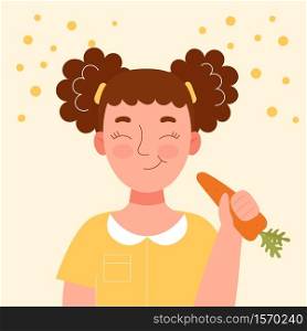 Cute smiling girl eating carrot. School snack, healthy food, vegetable diet, vitamins for children. Flat vector cartoon stock illustration