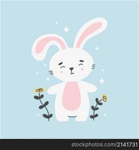 Cute smiling rabbit among flowers vector flat illustration. Baby happy animal with colorful flowering plant.. Cute smiling rabbit among flowers vector flat illustration. Baby happy animal with colorful flowering plant