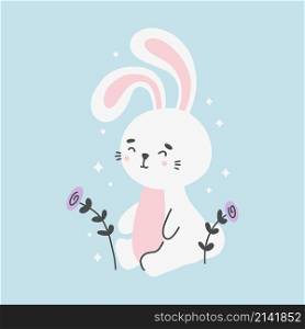 Cute smiling rabbit among flowers vector flat illustration. Baby happy animal with colorful flowering plant.. Cute smiling rabbit among flowers vector flat illustration. Baby happy animal with colorful flowering plant