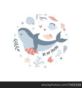 Cute smiling shark with fish friend in childish style. Friendship concept. Vector hand drawn illustration. Animal adorable character design for greeting cards, decorations, prints. Cute smiling shark with friend in childish style.