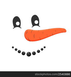 Cute smiling snowman face. Funny snow man head with pebble mouth and carrot nose isolated on white background. Winter holidays design. Vector cartoon illustration.. Smiling snowman face. Funny snow man head with pebble mouth and carrot nose isolated on white background. Winter holidays design. Vector cartoon illustration