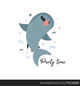 Cute smiling whale shark in childish style. Vector hand drawn illustration. Animal adorable. Cute smiling whale shark in childish style.