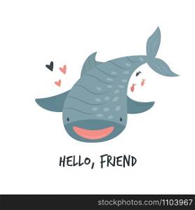 Cute smiling whale shark in childish style. Vector hand drawn illustration. Animal character design. Cute smiling whale shark in childish style.