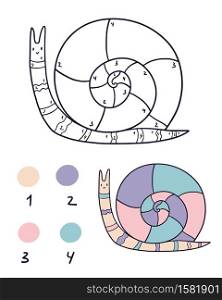 Cute snail character. Educational coloring book page. Color by numbers children drawing worksheet. Cute snail character. Educational coloring book page. Color by numbers children drawing worksheet.
