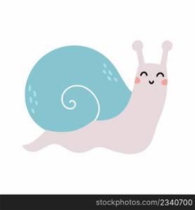 Cute snail on white background. Vector character for nursery. Postcard with cochlea.