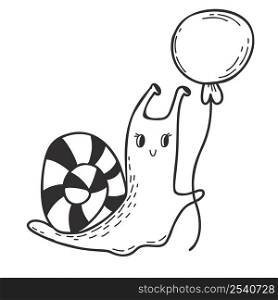 Cute snail with balloon. Linear hand drawn doodle. Funny mollusk-snail. Vector illustration