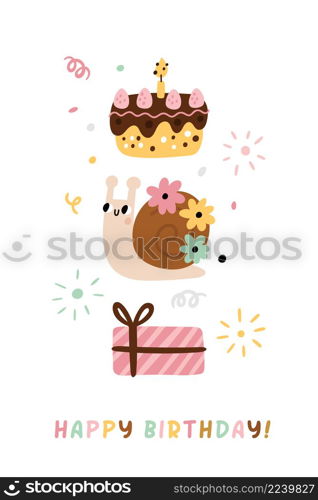 Cute snail with gift box and cake. Happy birthday card isolated on white background. Cute snail with gift box and cake. Happy birthday card