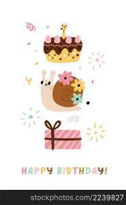 Cute snail with gift box and cake. Happy birthday card isolated on white background. Cute snail with gift box and cake. Happy birthday card