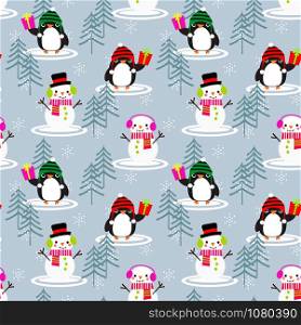 Cute Snowman and penguins seamless pattern. Cute animals and Christmas concept.
