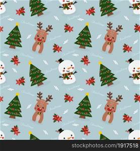 Cute snowman and reindeer in Christmas theme seamless pattern