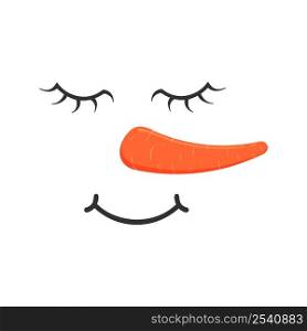 Cute snowman face with dreamy facial expression. Funny snow man head with closed eyes and carrot nose. Winter holidays design. Vector cartoon illustration.. Cute snowman face with dreamy facial expression. Funny snow man head with closed eyes and carrot nose. Winter holidays design. Vector cartoon illustration