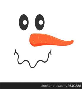 Cute snowman face with upset emotion. Funny snow man head with squiggly mouth and carrot nose. Winter holidays design. Vector cartoon illustration.. Cute snowman face with upset emotion. Funny snow man head with squiggly mouth and carrot nose. Winter holidays design. Vector cartoon illustration