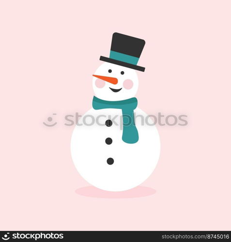 Cute snowman in a hat and scarf. Graphic resource about winter and christmas for content , banner, sticker label and greeting card. Vector illustration.