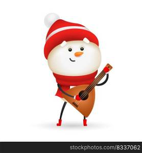 Cute snowman playing balalaika. Cartoon character, red scarf, music. Christmas concept. Realistic vector illustration for winter holidays, party, festive event